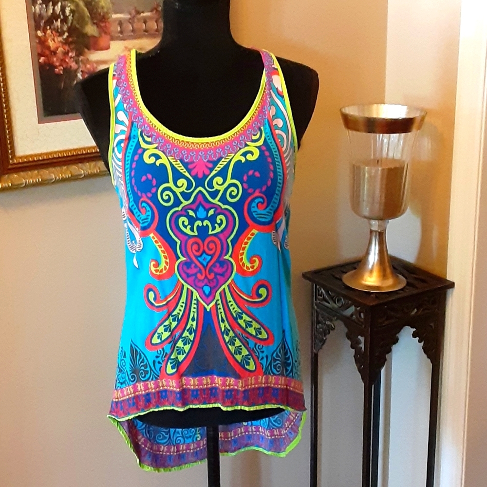 Flying Tomato aqua pink lime print tunic Round neck Longer back Size Small EUC…